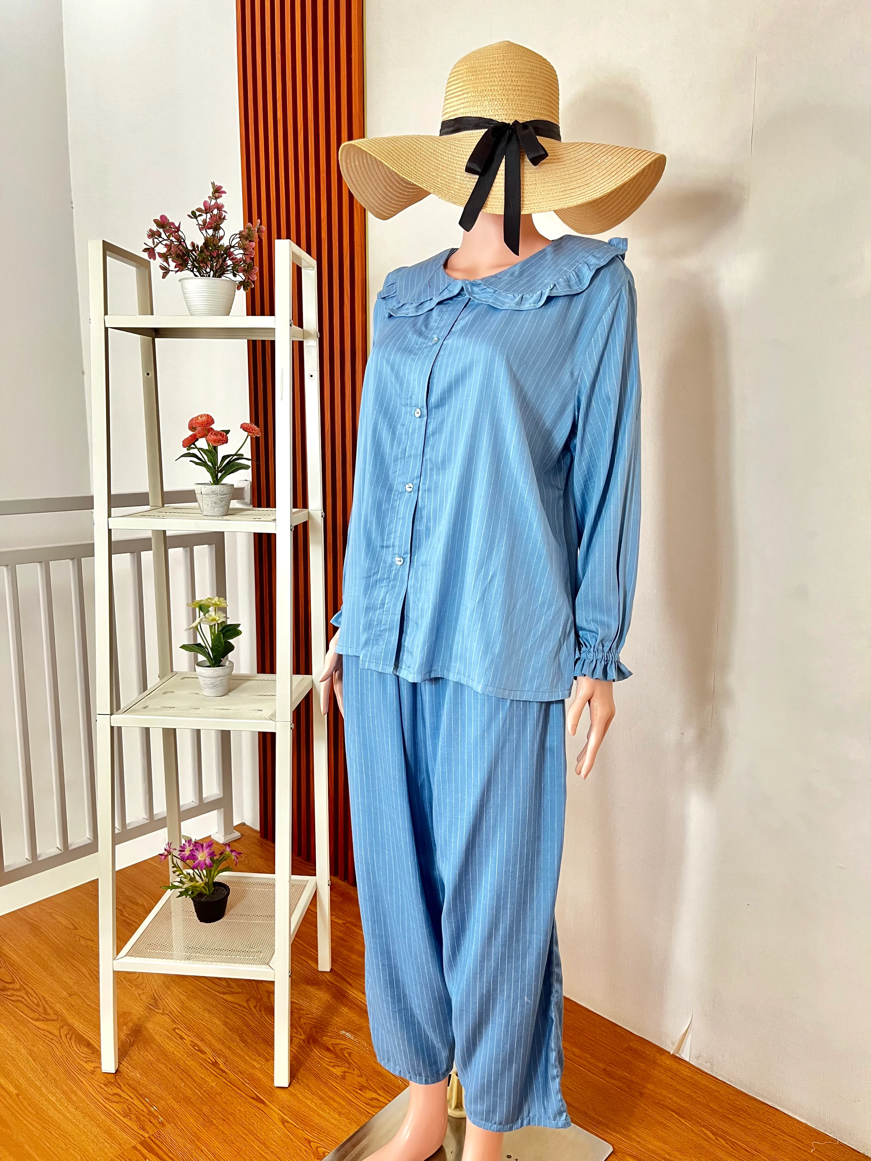 Sky Blue Ruffle Pinstripe Pajamas Set